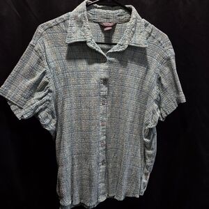 Woolrich Seersucker Short Sleeve Button Up Shirt Sz L Blue Green Plaid Gorpcore
